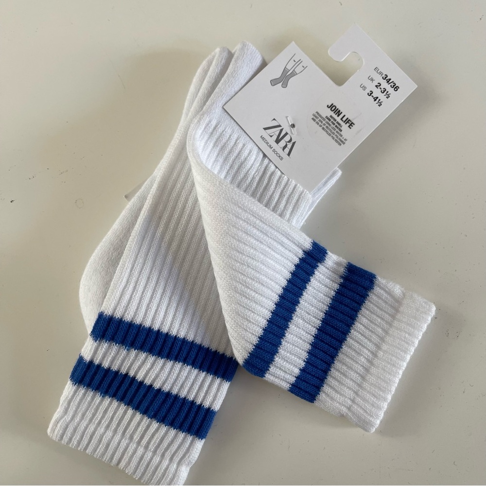 ZARA Ribbed Socks With Blue Stripes